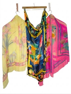 Leonard Paris Floral Silk Scarves Lot Of 3 - Pink & Blue Yellow Cashmere/Silk